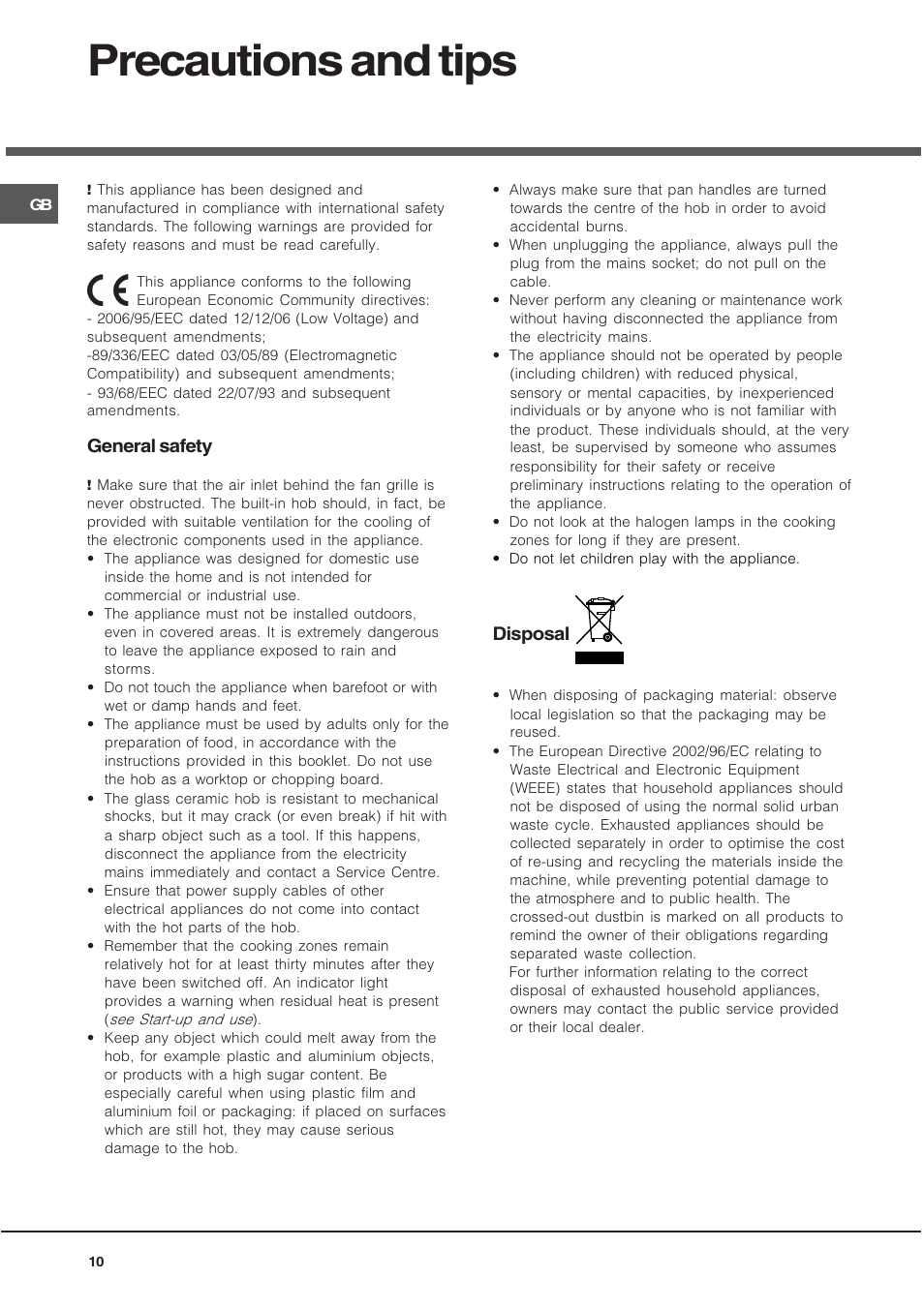 Precautions and tips, General safety, Disposal | Hotpoint CRA 641 DC User Manual | Page 10 / 16