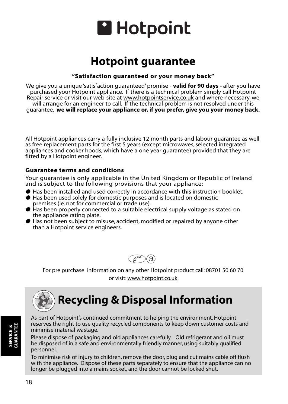 Hotpoint guarantee, Recycling & disposal information | Hotpoint RZM61 User Manual | Page 18 / 20