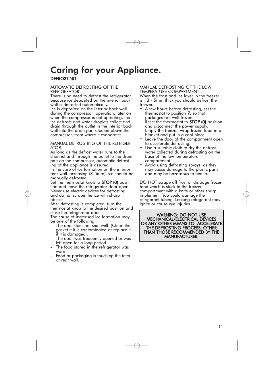 Caring for your appliance | Hotpoint RSR50V User Manual | Page 11 / 16