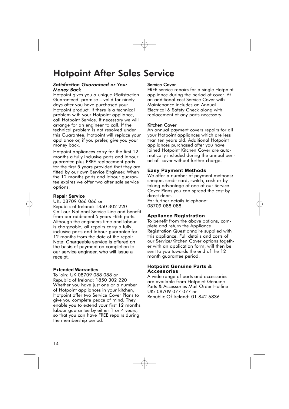 Hotpoint after sales service | Hotpoint RSR50V User Manual | Page 14 / 16