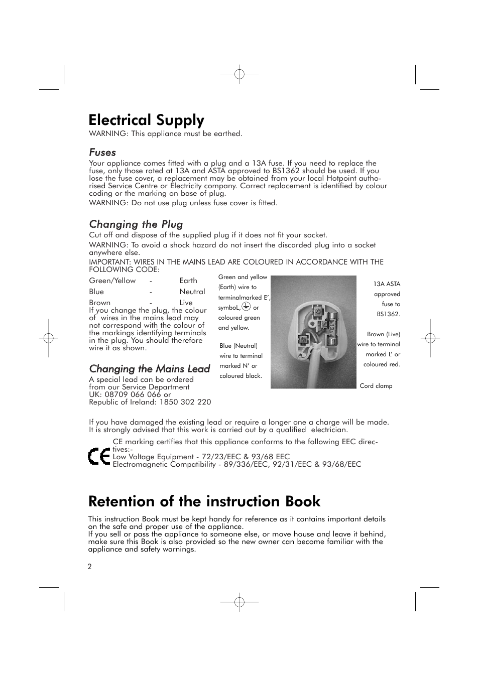 Electrical supply, Retention of the instruction book | Hotpoint RSR50V User Manual | Page 2 / 16