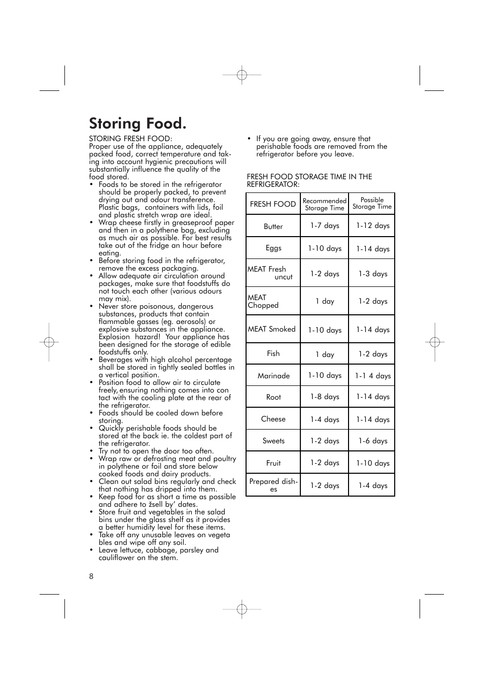 Storing food | Hotpoint RSR50V User Manual | Page 8 / 16