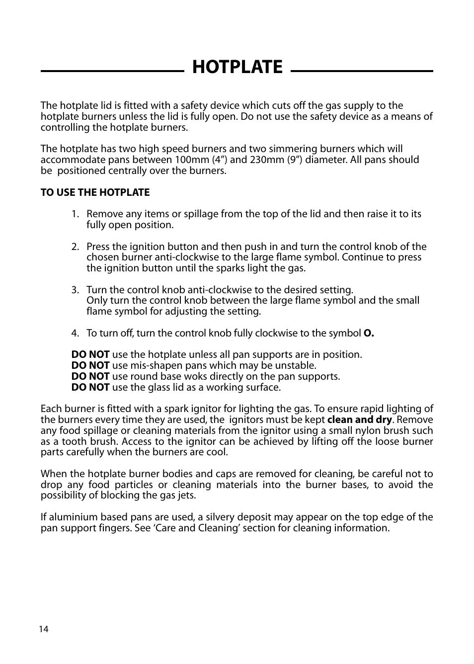 Hotplate | Hotpoint GW54 User Manual | Page 14 / 40
