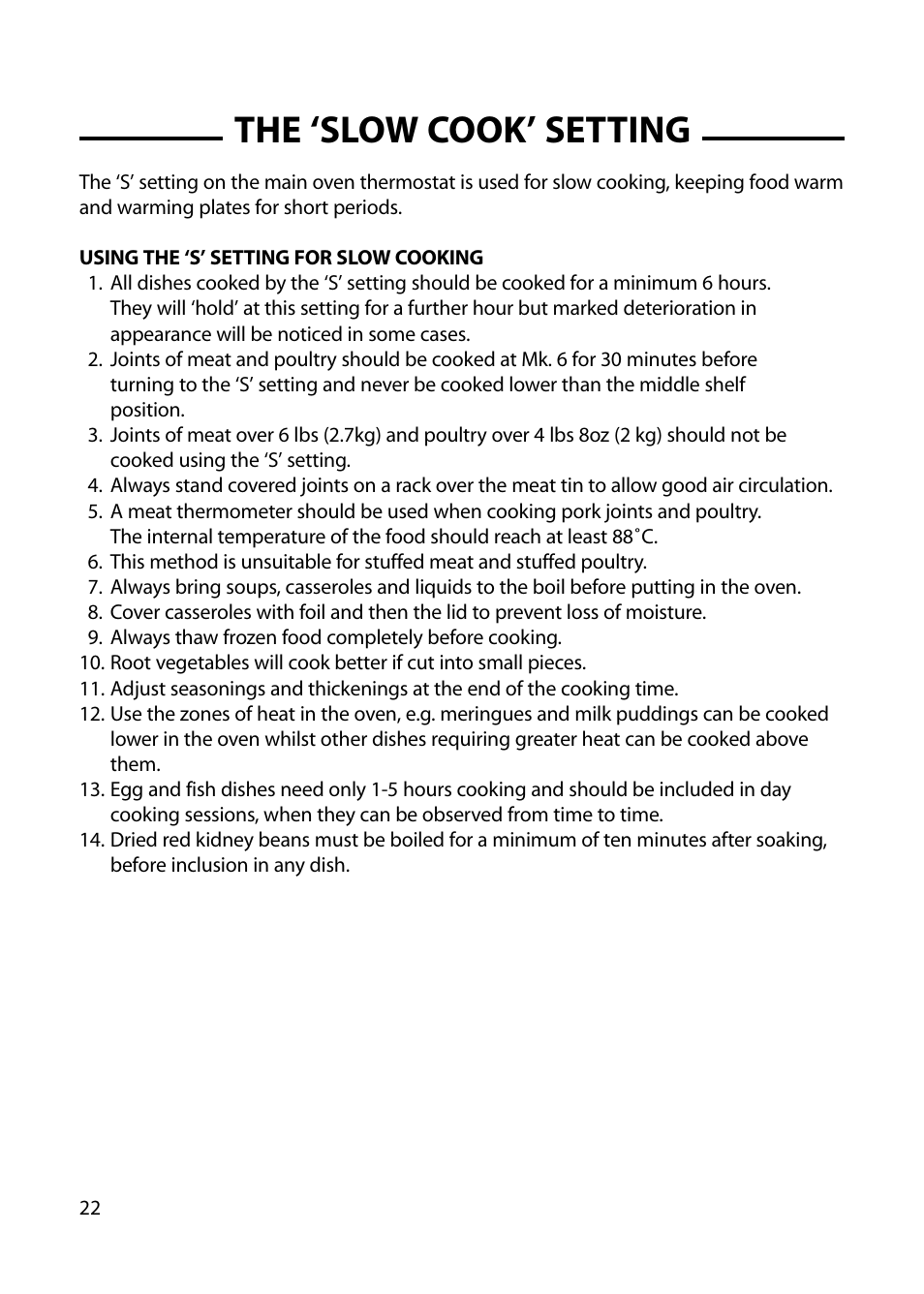 The ‘slow cook’ setting | Hotpoint GW54 User Manual | Page 22 / 40