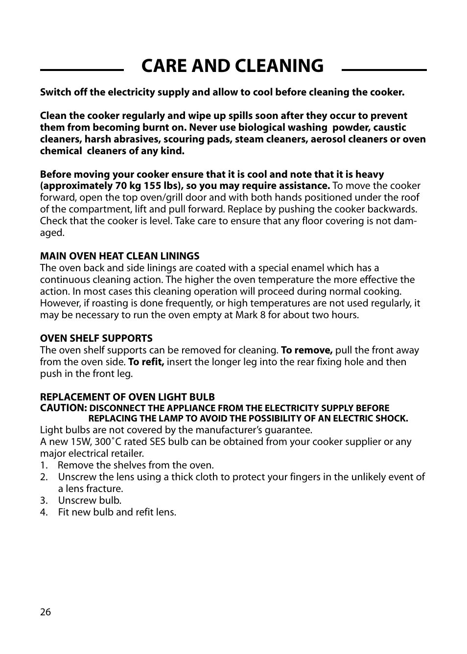 Care and cleaning | Hotpoint GW54 User Manual | Page 26 / 40