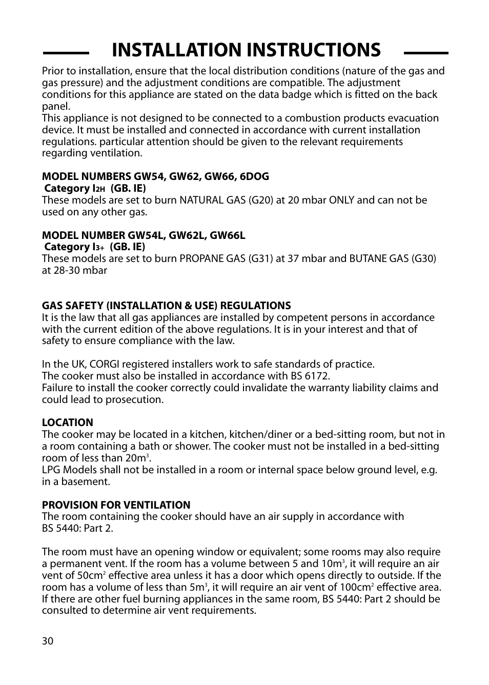 Installation instructions | Hotpoint GW54 User Manual | Page 30 / 40