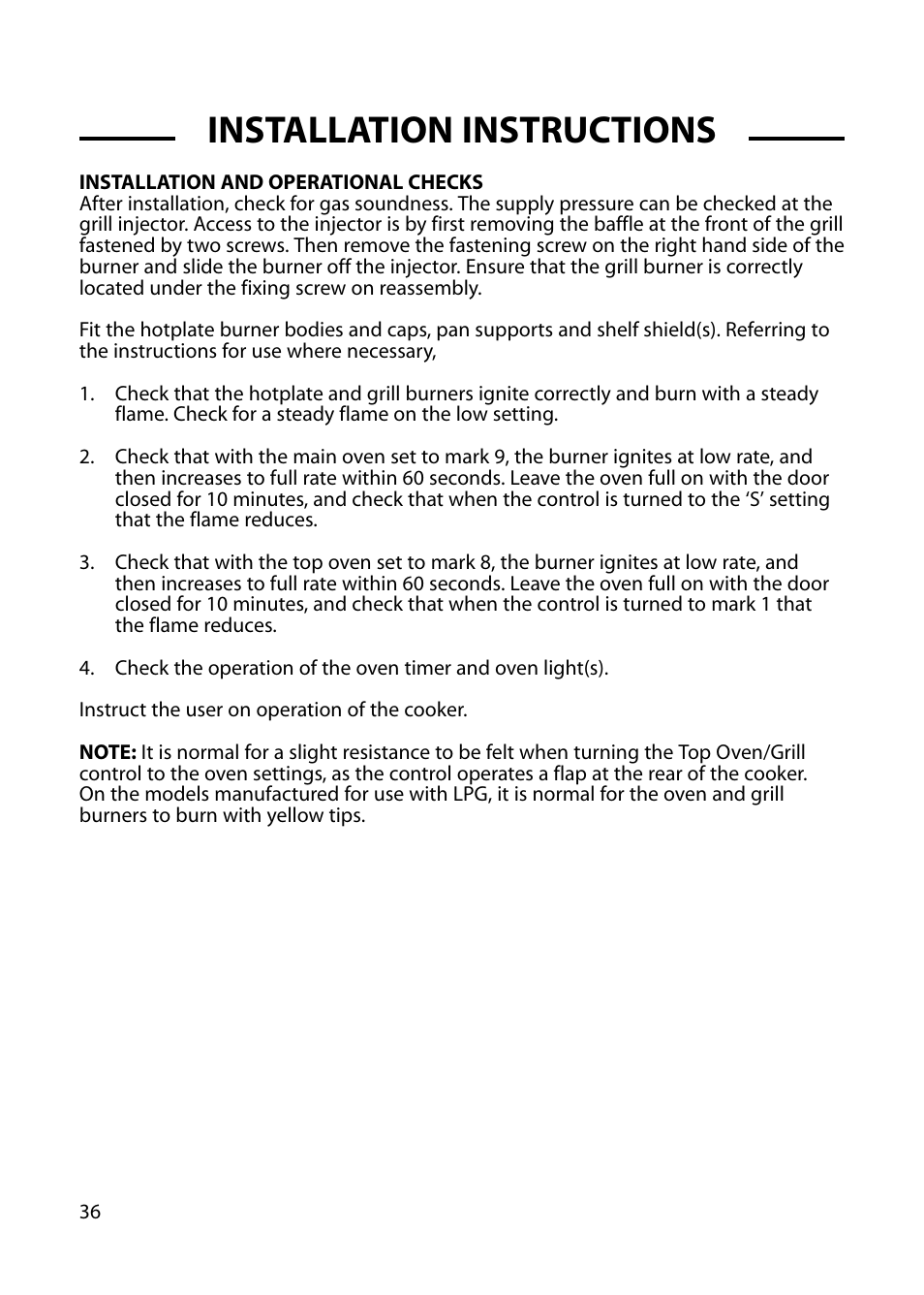Installation instructions | Hotpoint GW54 User Manual | Page 36 / 40