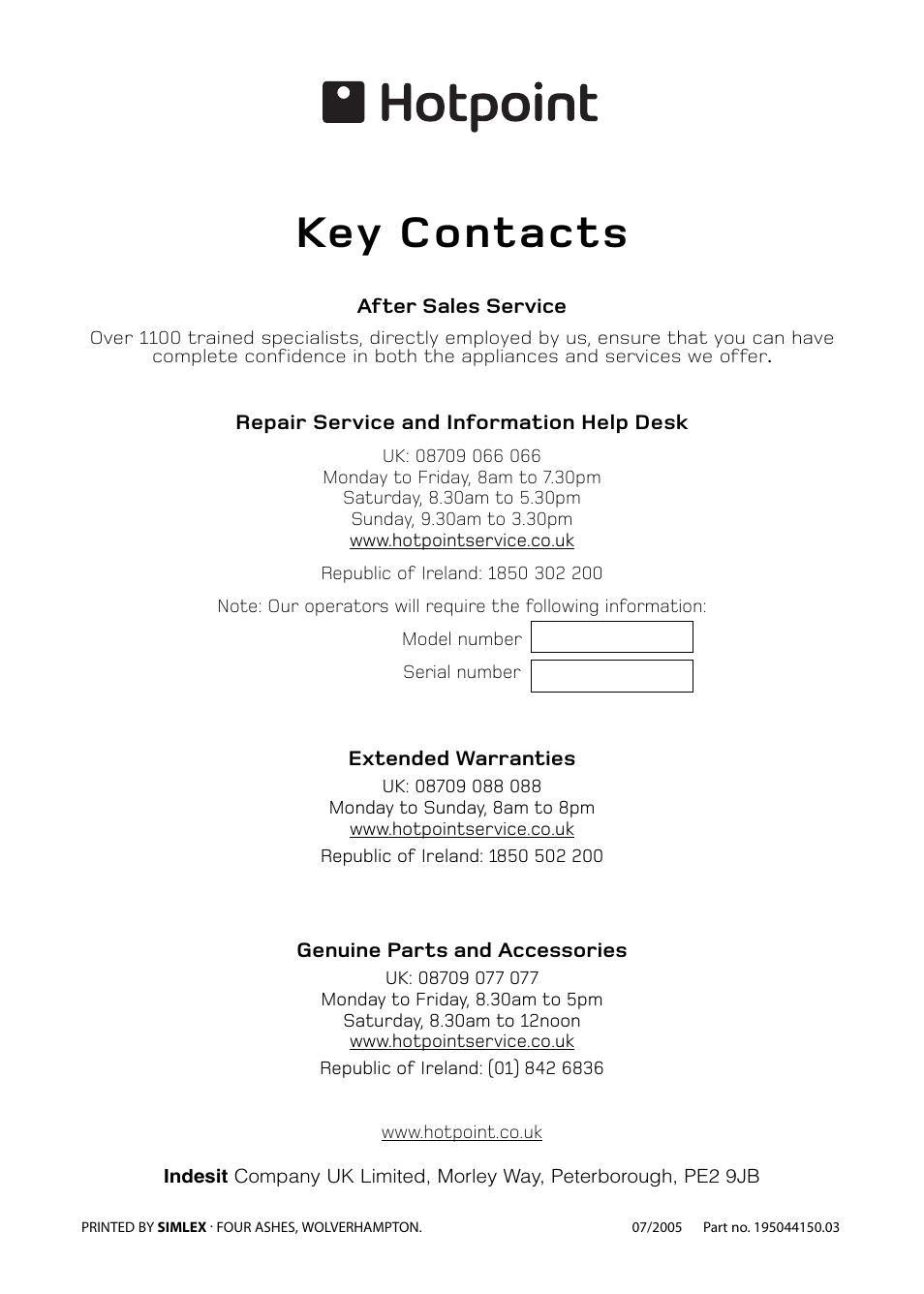 Key contacts | Hotpoint GW54 User Manual | Page 40 / 40