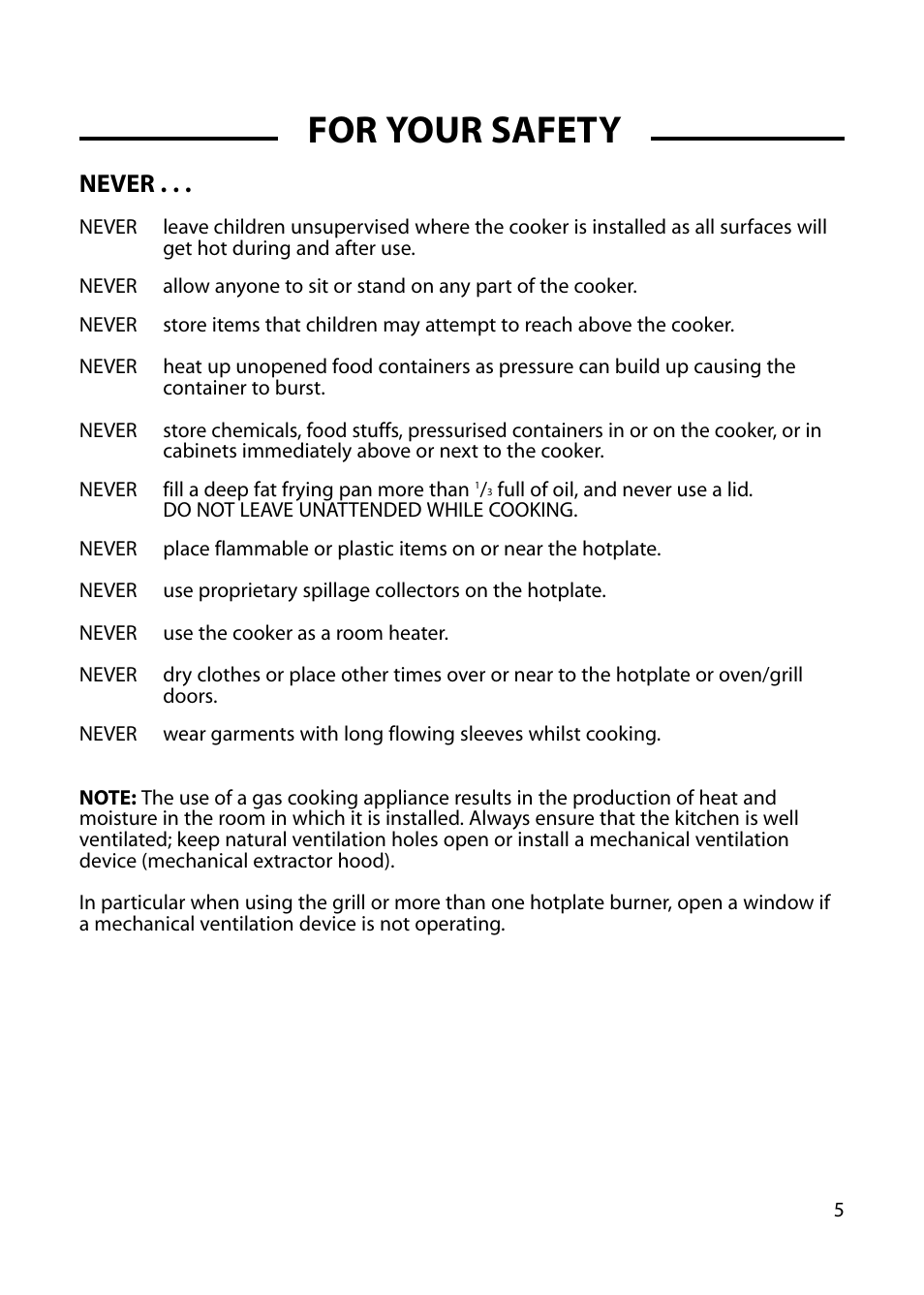 For your safety, Never | Hotpoint GW54 User Manual | Page 5 / 40