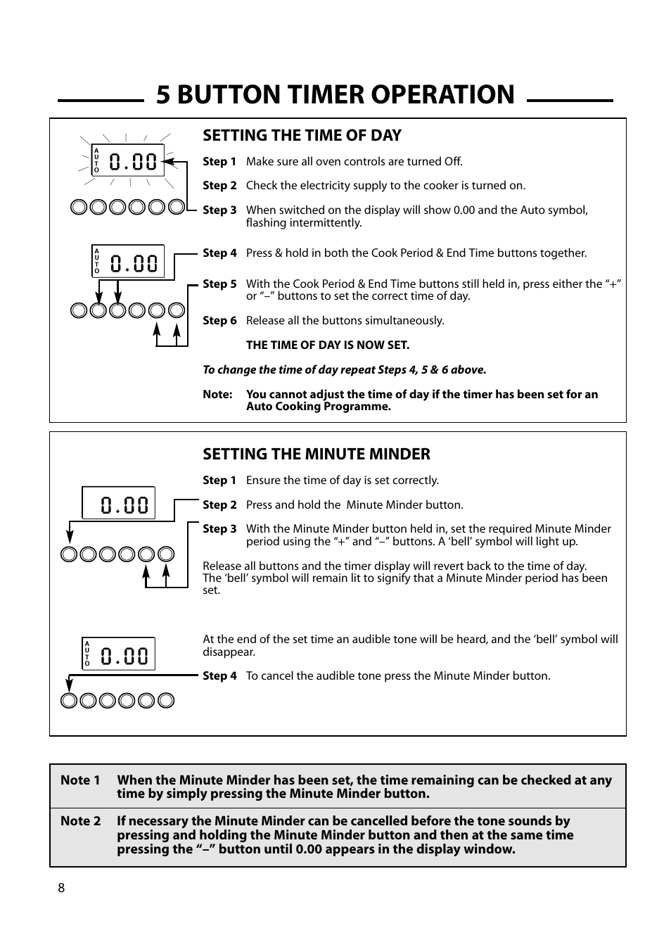 5 button timer operation, Setting the time of day, Setting the minute minder | Hotpoint GW54 User Manual | Page 8 / 40