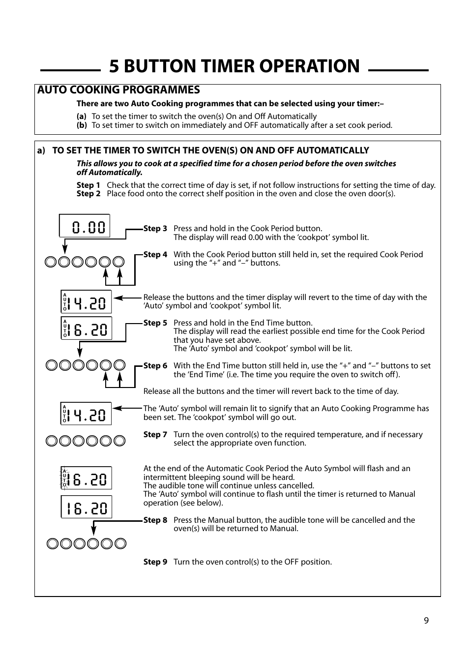 5 button timer operation, Auto cooking programmes | Hotpoint GW54 User Manual | Page 9 / 40