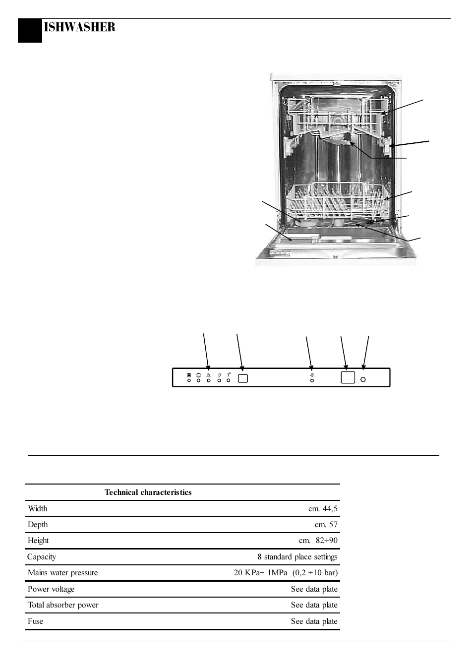 Getting to know your dishwasher, The controls, Technical characteristics | Ishwasher | Hotpoint BCI45 User Manual | Page 8 / 20