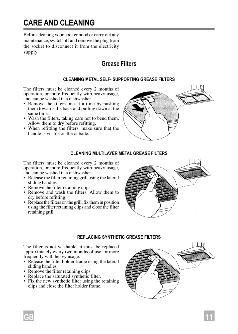 11 gb care and cleaning, Grease filters | Hotpoint HE91 User Manual | Page 11 / 16