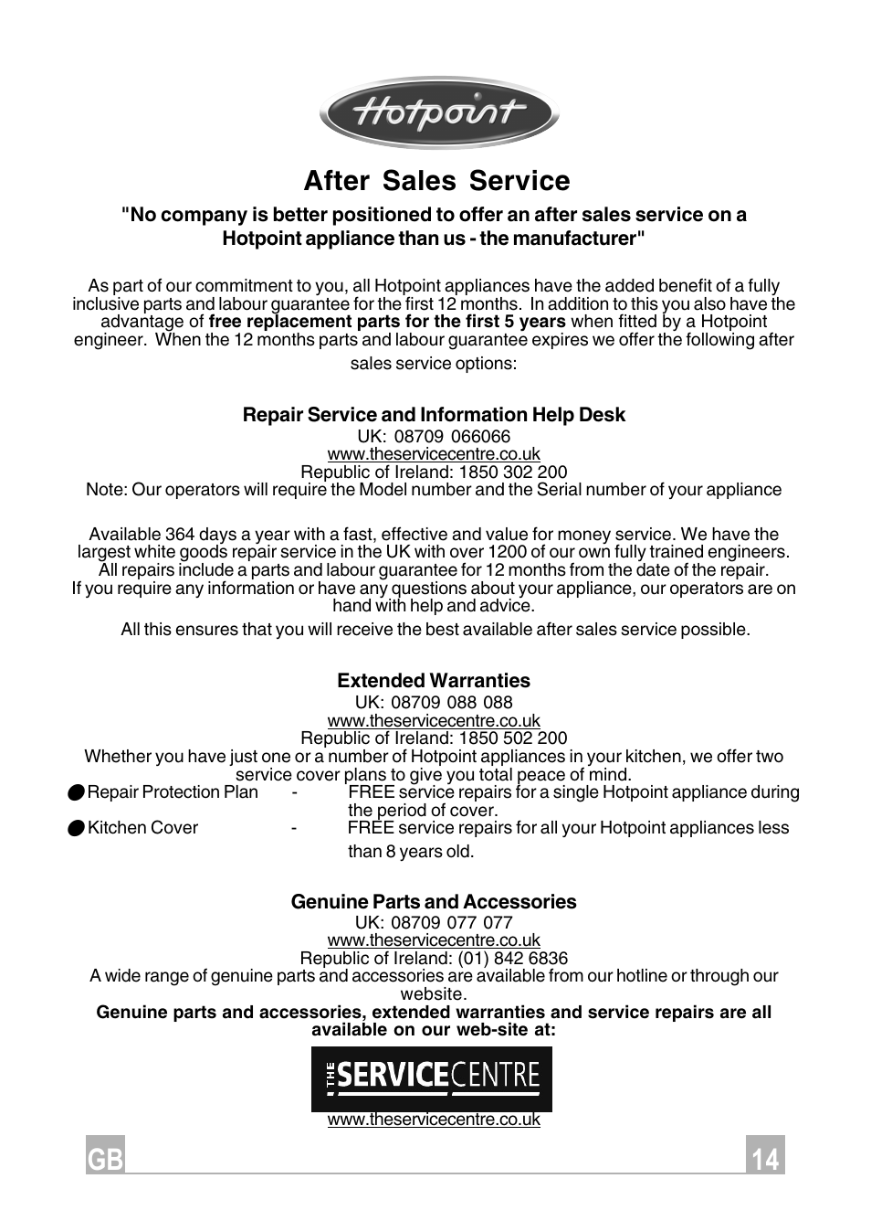 Gb 14, After sales service | Hotpoint HE91 User Manual | Page 14 / 16
