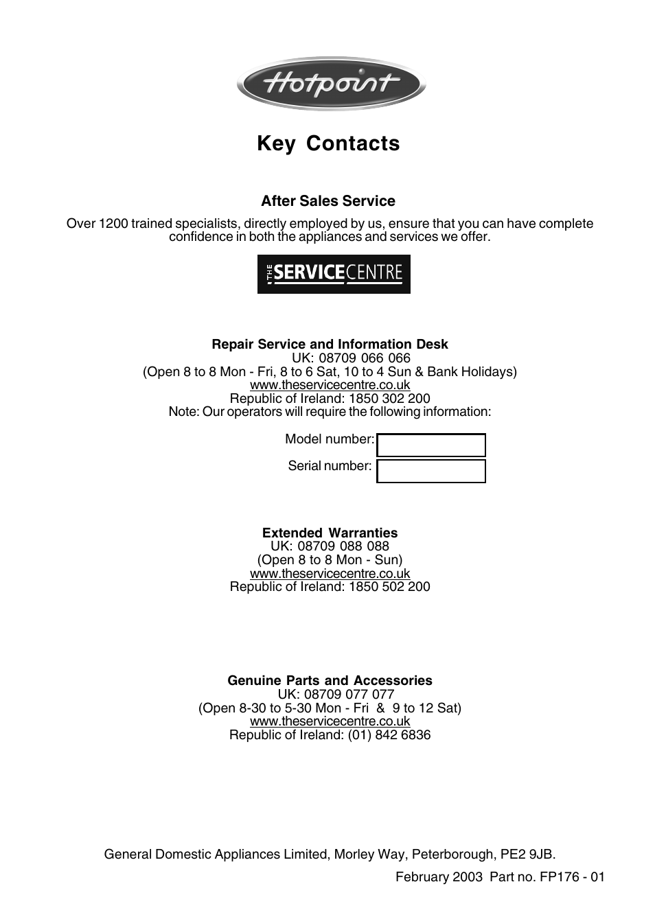 Key contacts | Hotpoint HE91 User Manual | Page 16 / 16