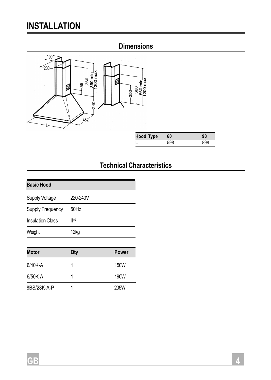 4gb installation, Dimensions technical characteristics | Hotpoint HE91 User Manual | Page 4 / 16