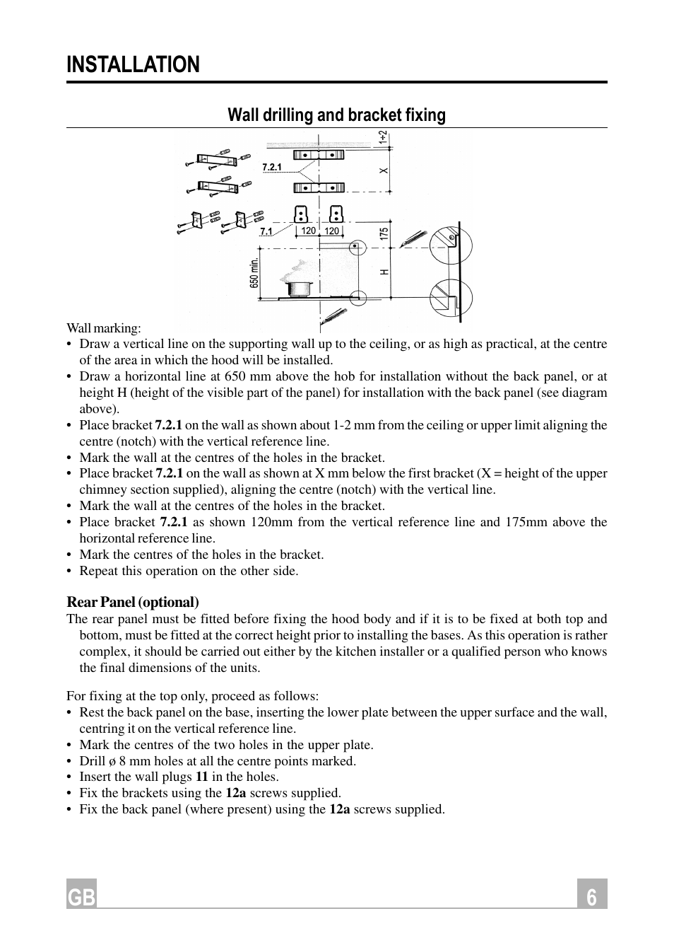 6gb installation, Wall drilling and bracket fixing | Hotpoint HE91 User Manual | Page 6 / 16