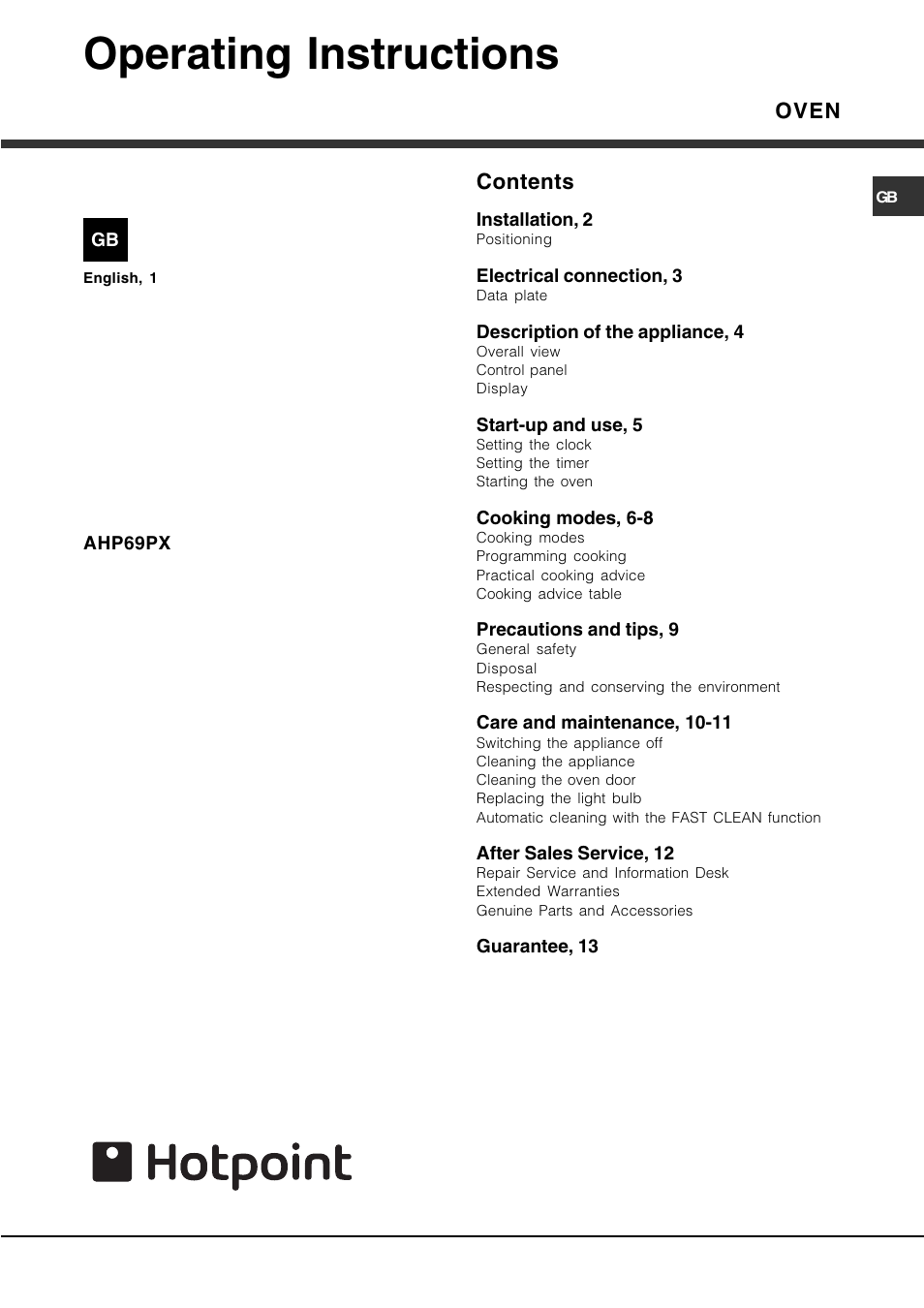 Hotpoint AHP69PX User Manual | 16 pages