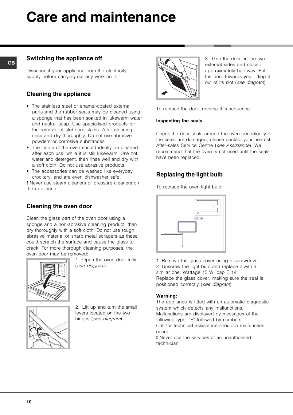 Care and maintenance, Switching the appliance off, Cleaning the appliance | Cleaning the oven door, Replacing the light bulb | Hotpoint AHP69PX User Manual | Page 10 / 16