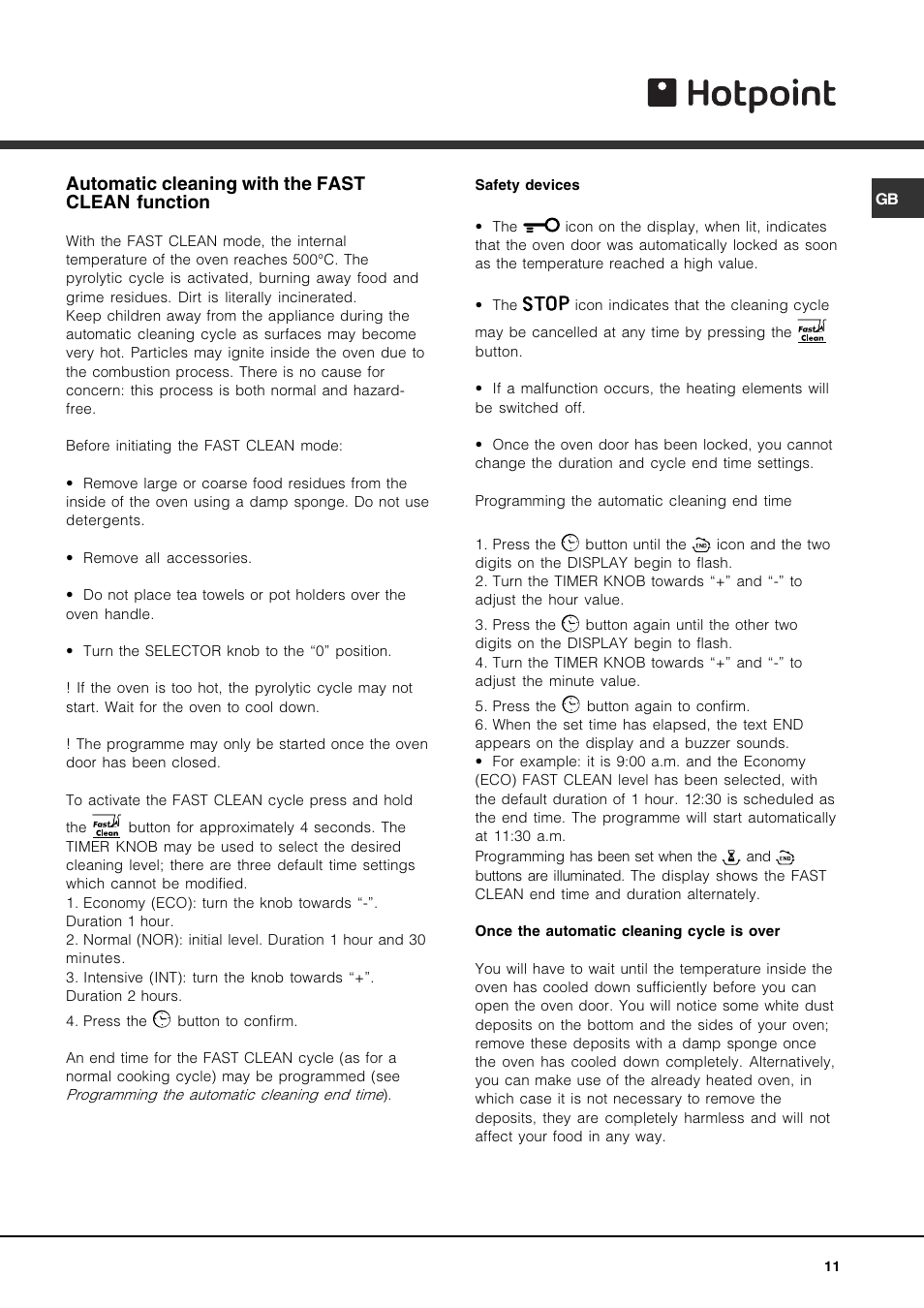 Automatic cleaning with the fast clean function | Hotpoint AHP69PX User Manual | Page 11 / 16