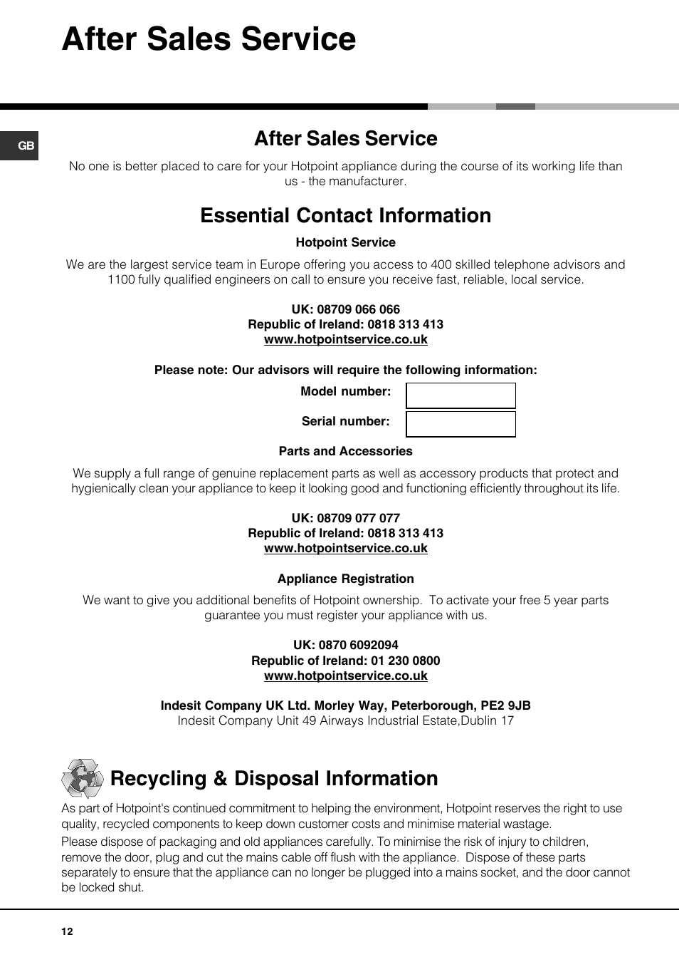 After sales service, Essential contact information, Recycling & disposal information | Hotpoint AHP69PX User Manual | Page 12 / 16
