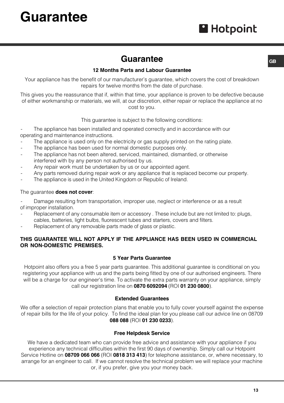 Guarantee | Hotpoint AHP69PX User Manual | Page 13 / 16