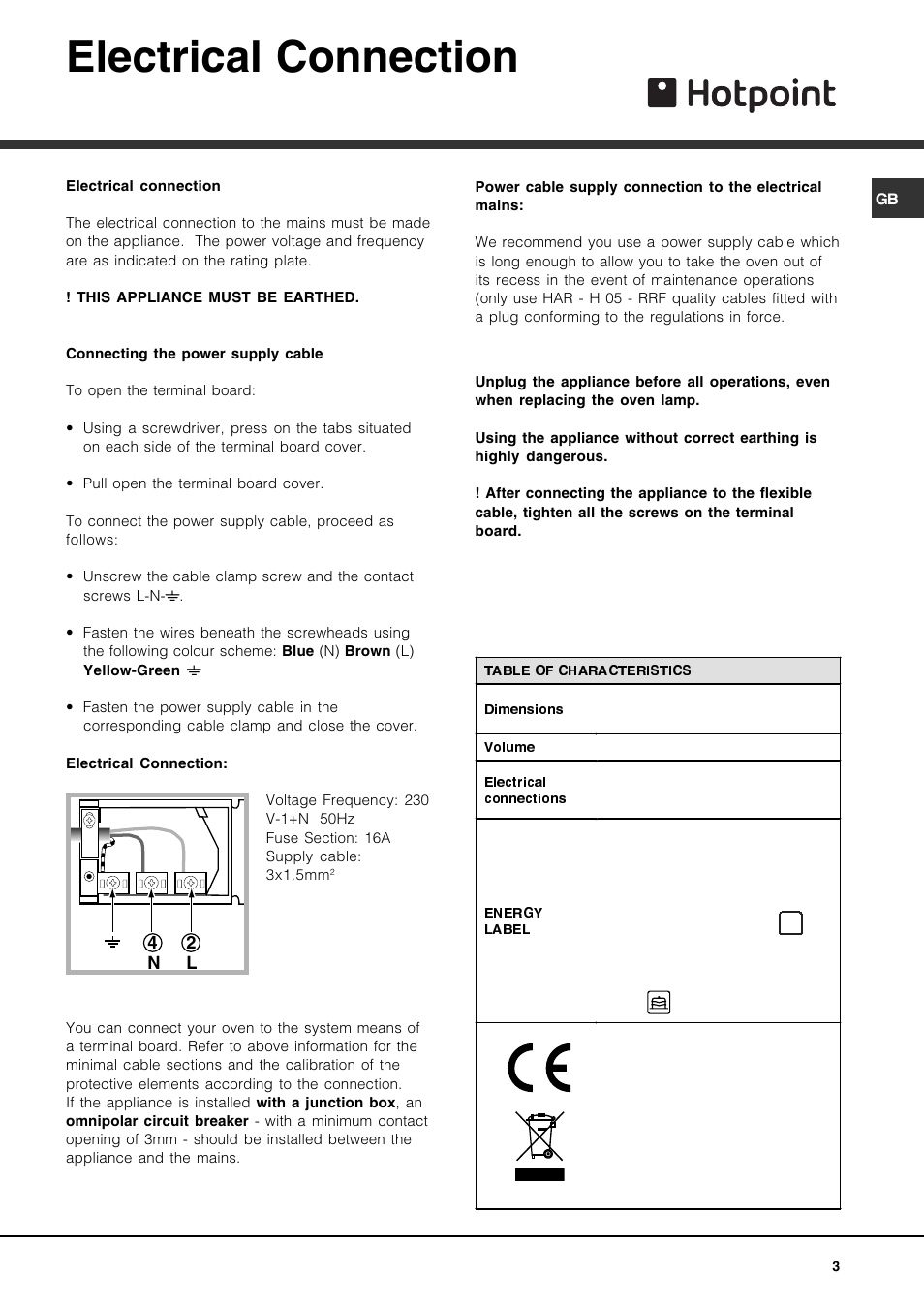 Electrical connection | Hotpoint AHP69PX User Manual | Page 3 / 16