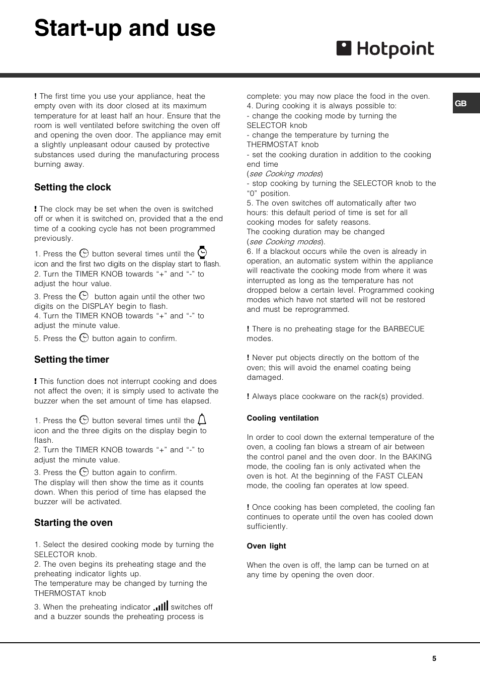 Start-up and use, Setting the clock, Setting the timer | Starting the oven | Hotpoint AHP69PX User Manual | Page 5 / 16