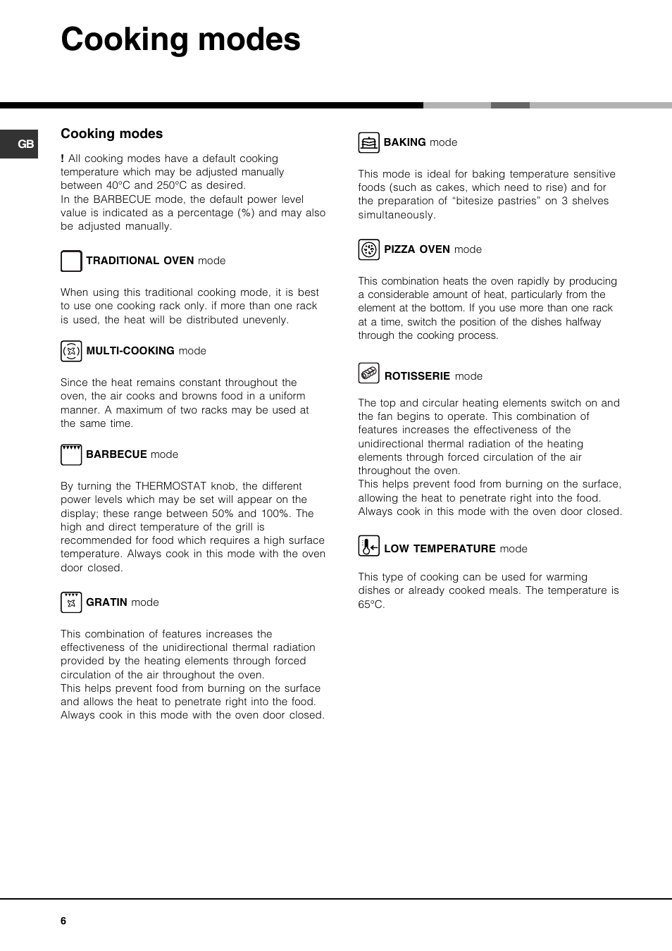 Cooking modes | Hotpoint AHP69PX User Manual | Page 6 / 16