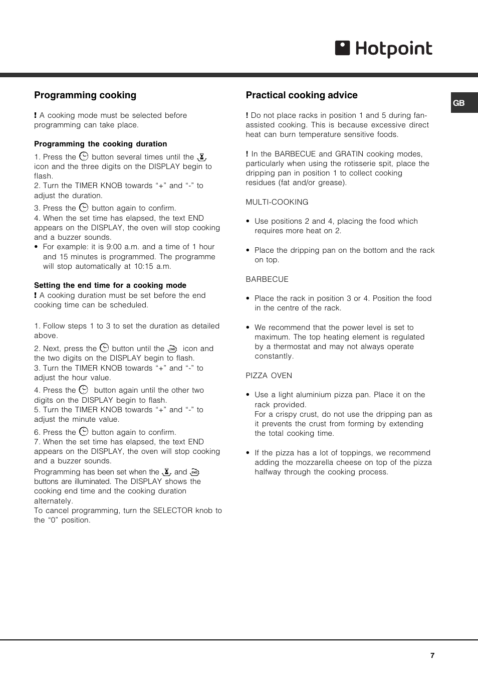 Programming cooking, Practical cooking advice | Hotpoint AHP69PX User Manual | Page 7 / 16