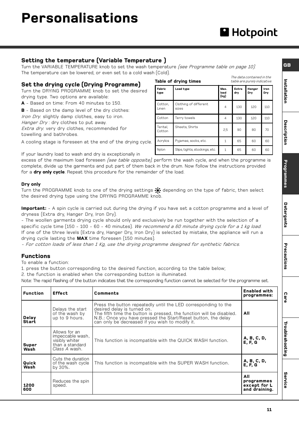 Personalisations, Setting the temperature (variable temperature ), Set the drying cycle (drying programme) | Functions | Hotpoint BWD 129 User Manual | Page 13 / 20