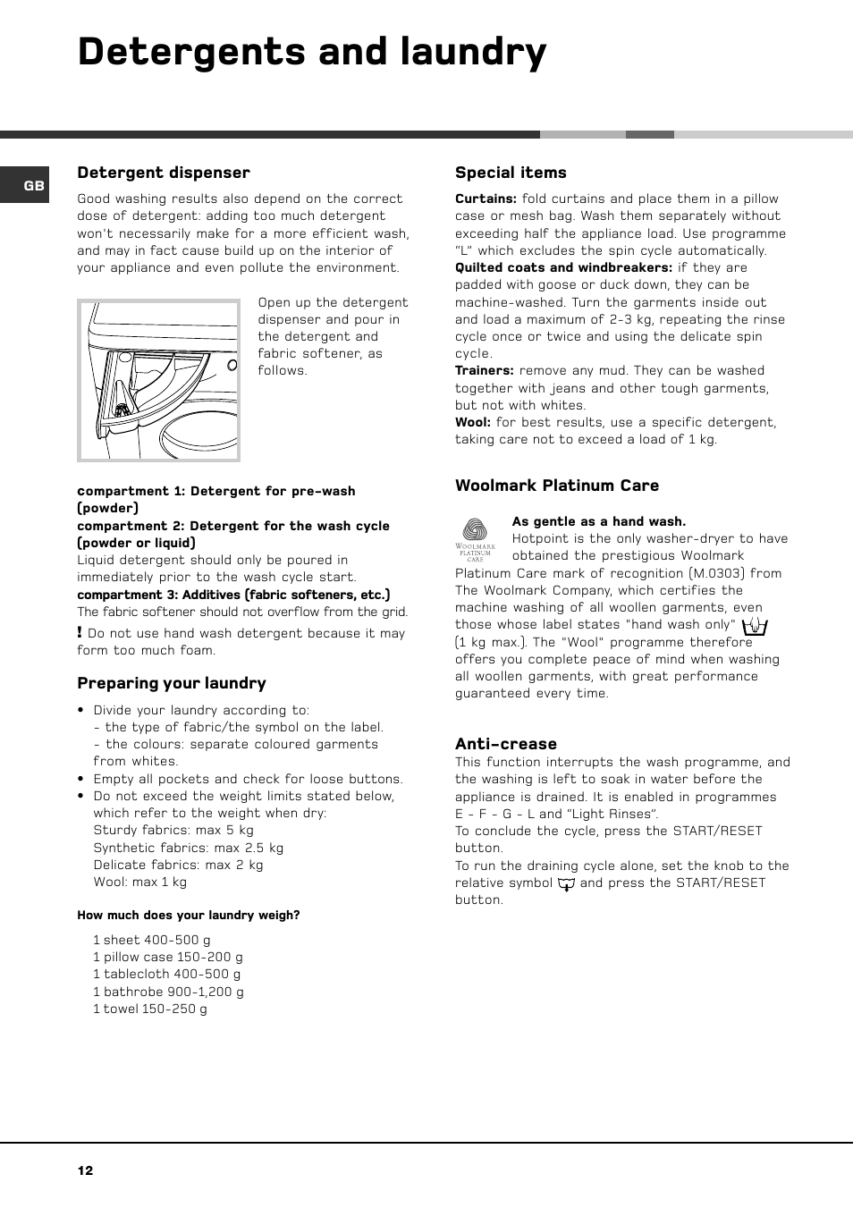 Detergents and laundry, Detergent dispenser, Preparing your laundry | Special items, Woolmark platinum care, Anti-crease | Hotpoint BWD 129 User Manual | Page 14 / 20