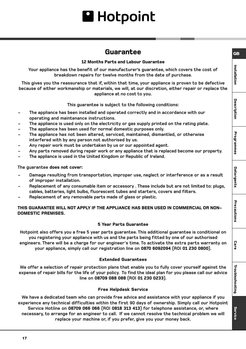 Guarantee | Hotpoint BWD 129 User Manual | Page 19 / 20