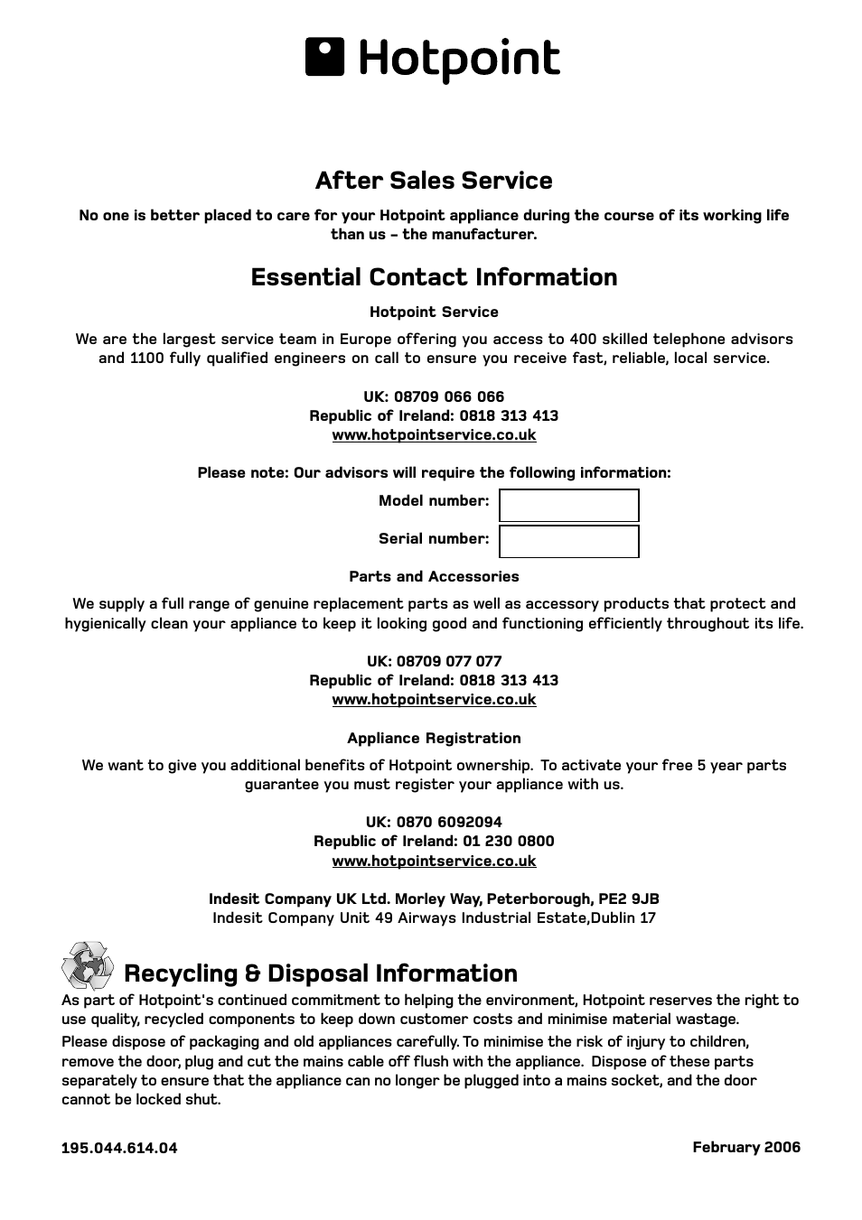 After sales service, Essential contact information, Recycling & disposal information | Hotpoint BWD 129 User Manual | Page 20 / 20