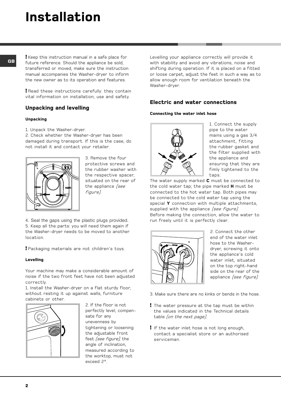 Installation, Unpacking and levelling, Electric and water connections | Hotpoint BWD 129 User Manual | Page 4 / 20