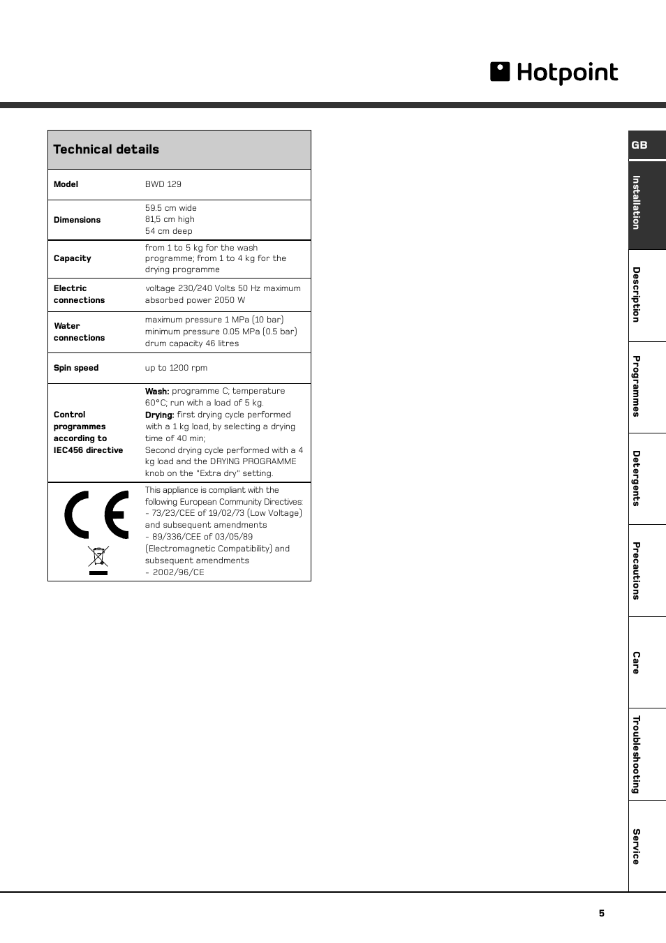 Technical details | Hotpoint BWD 129 User Manual | Page 7 / 20