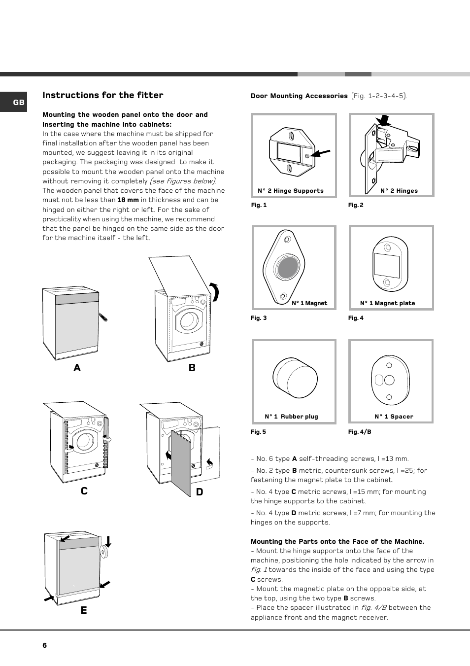 Ab c d e, Instructions for the fitter | Hotpoint BWD 129 User Manual | Page 8 / 20