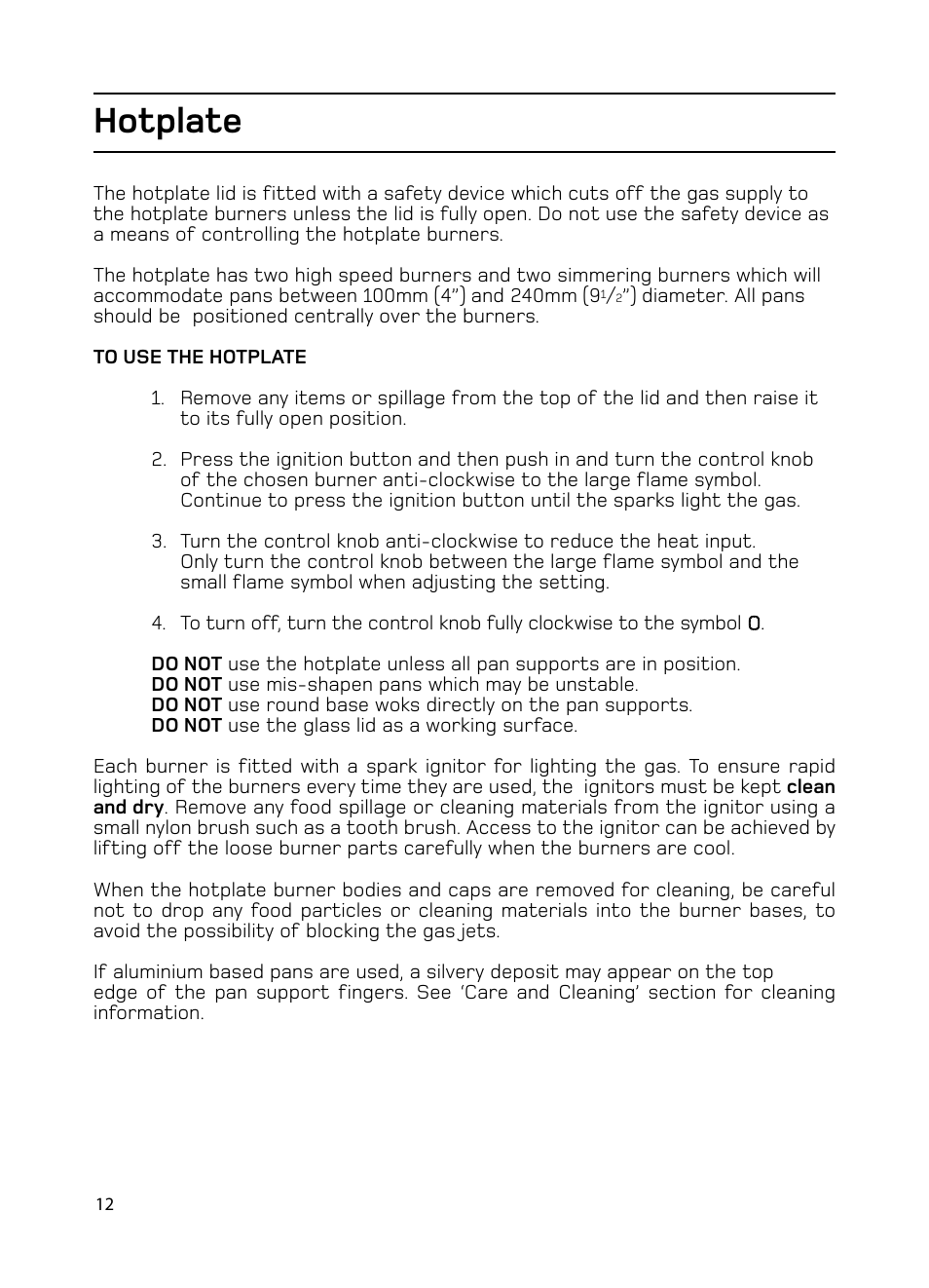 Hotplate | Hotpoint GW74 User Manual | Page 12 / 36