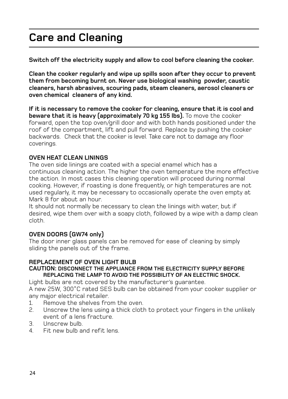 Care and cleaning | Hotpoint GW74 User Manual | Page 24 / 36