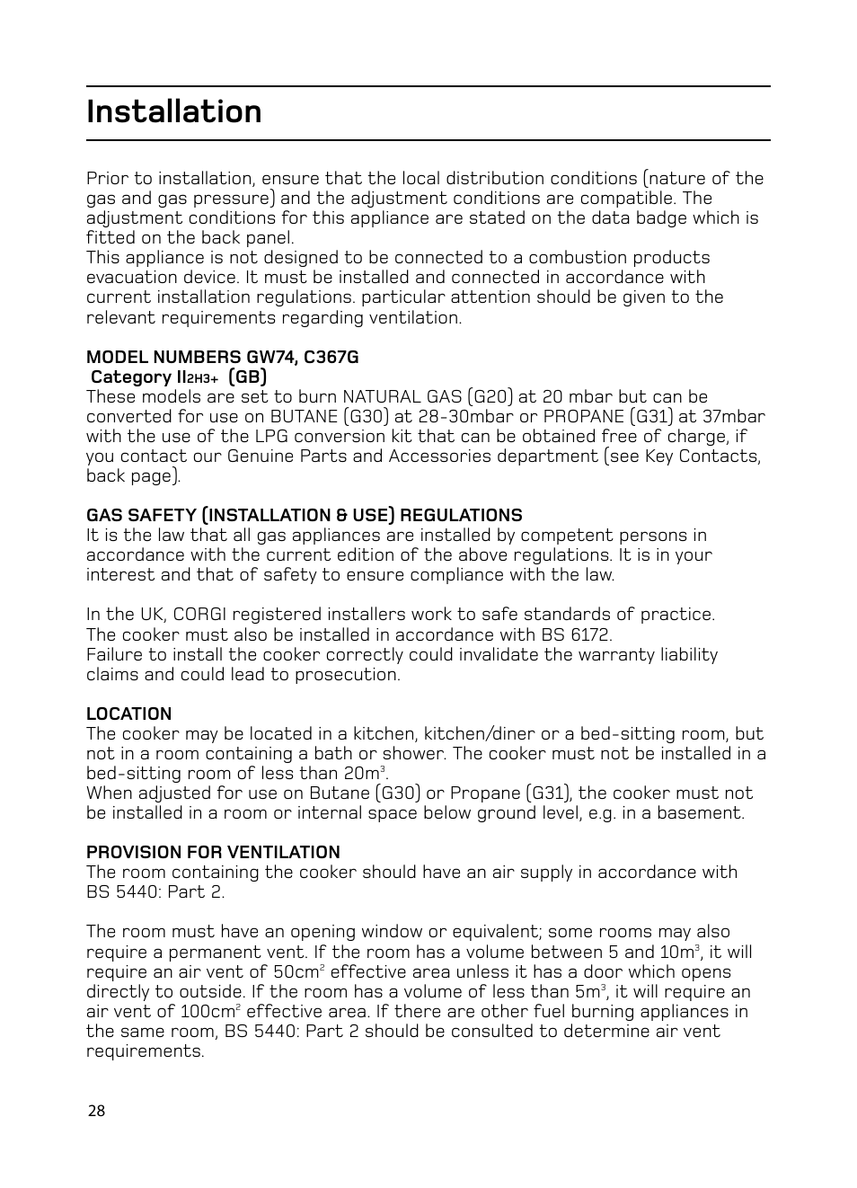 Installation | Hotpoint GW74 User Manual | Page 28 / 36