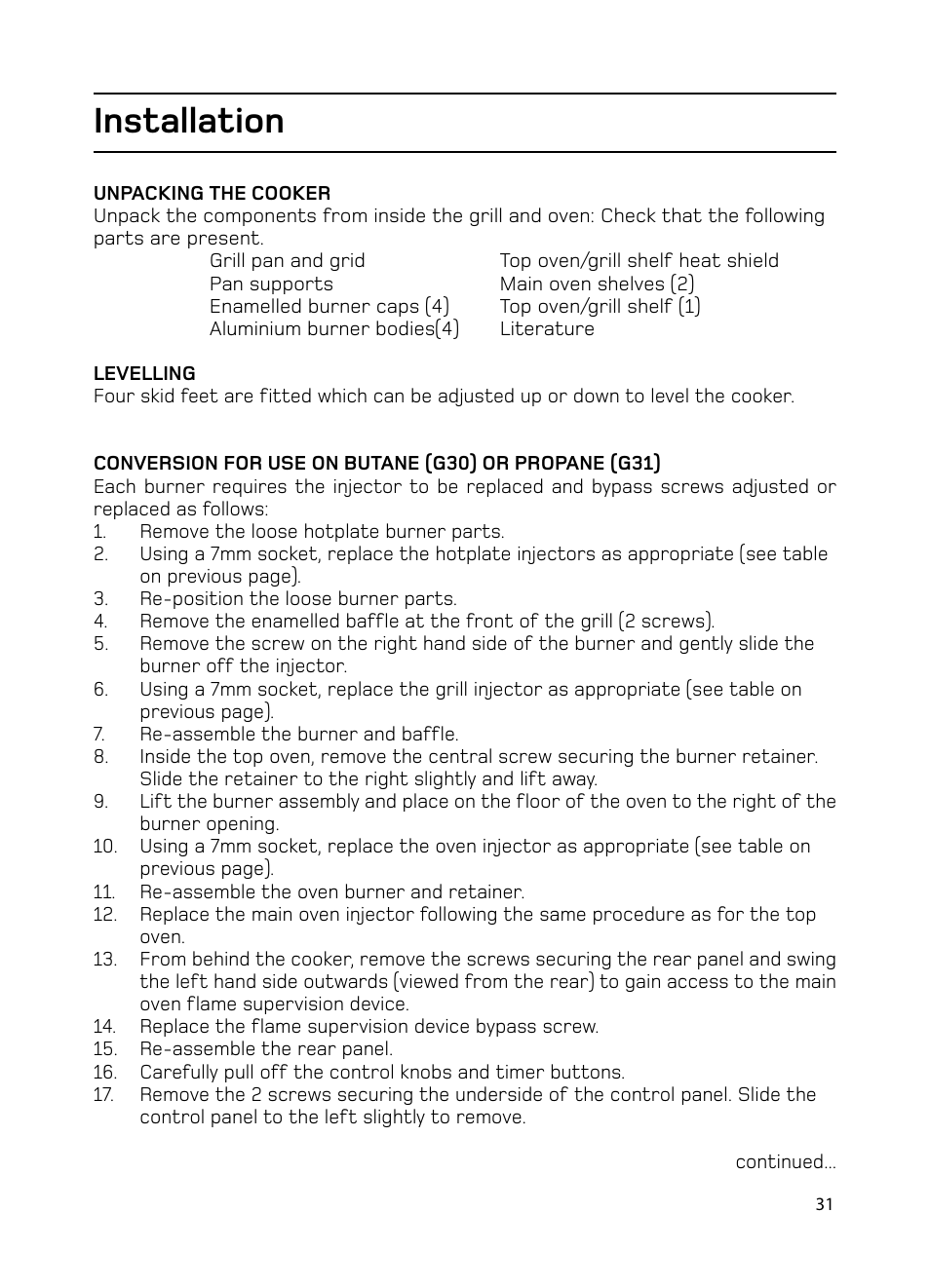 Installation | Hotpoint GW74 User Manual | Page 31 / 36