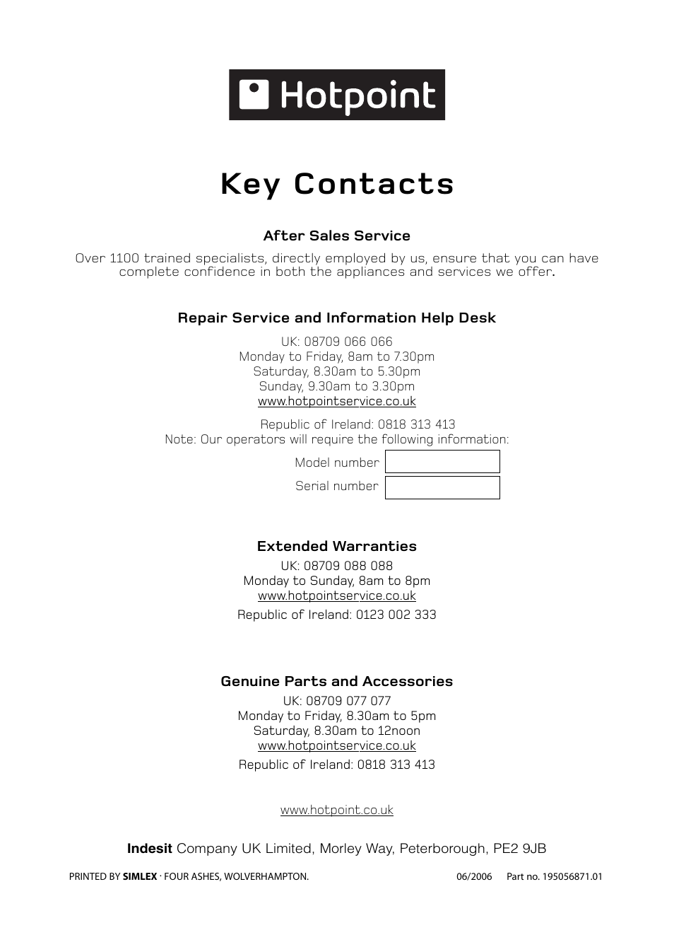 Key contacts | Hotpoint GW74 User Manual | Page 36 / 36