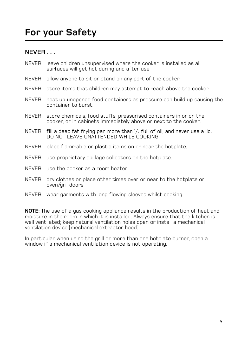 For your safety, Never | Hotpoint GW74 User Manual | Page 5 / 36