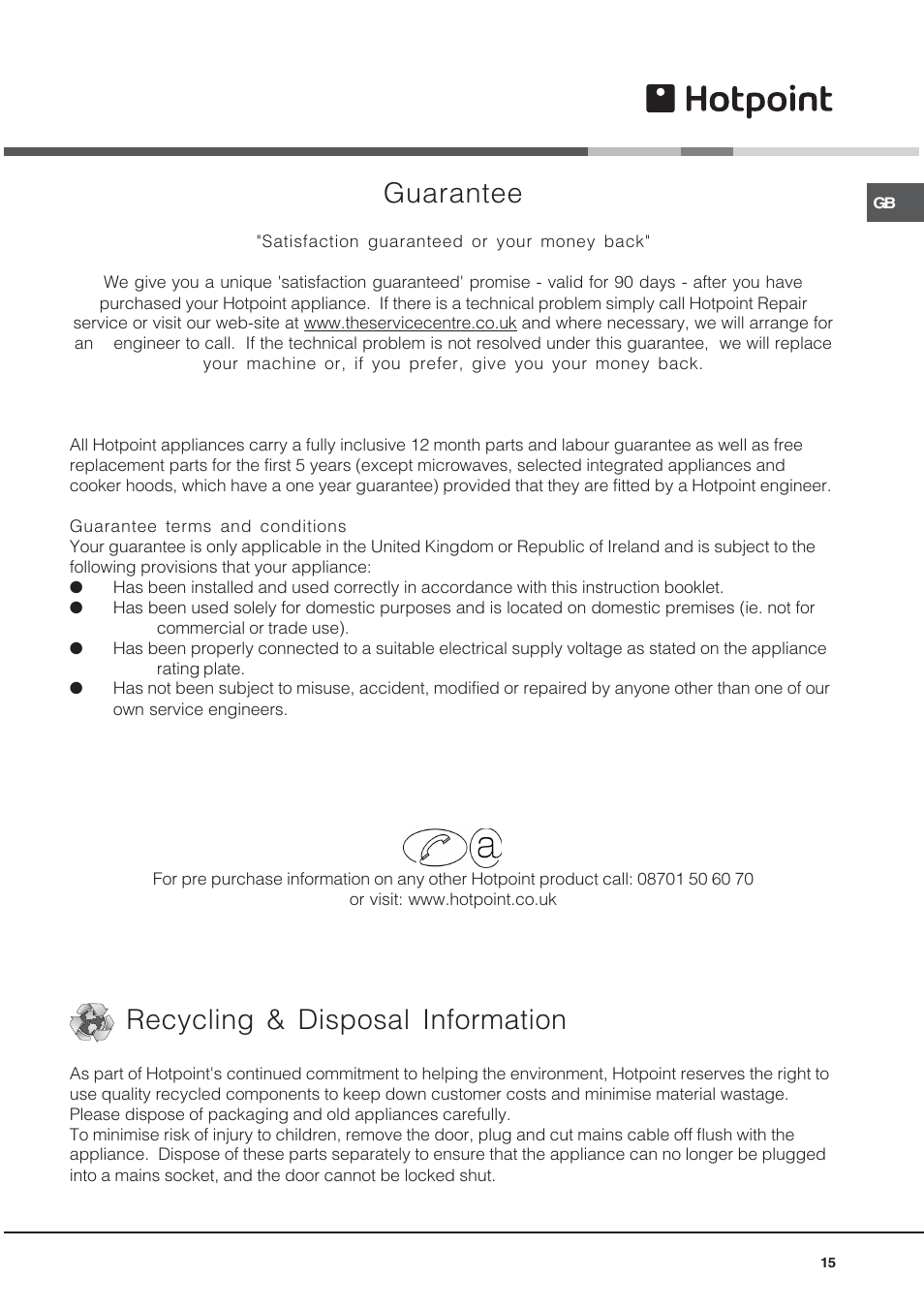 Guarantee, Recycling & disposal information | Hotpoint CIO 642 DD B User Manual | Page 15 / 16