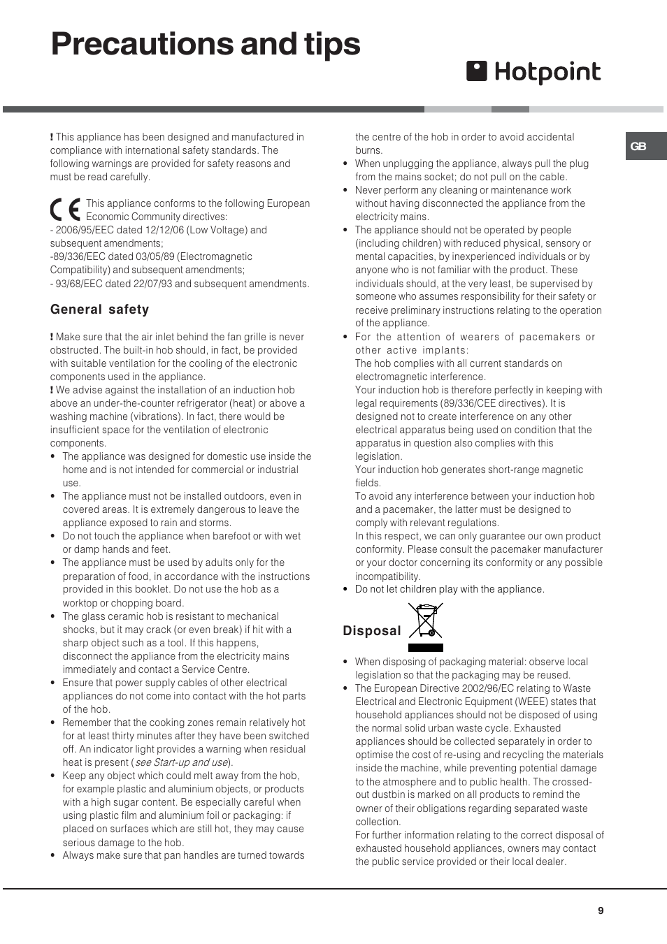 Precautions and tips, General safety, Disposal | Hotpoint CIO 642 DD B User Manual | Page 9 / 16
