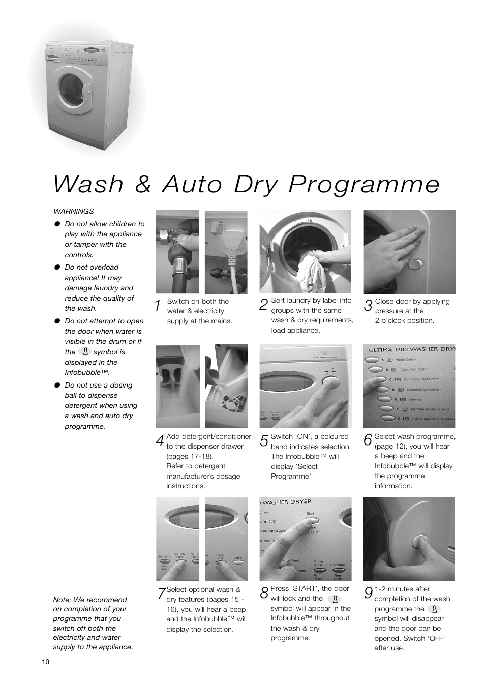 Wash & auto dry programme | Hotpoint WD71 User Manual | Page 10 / 24