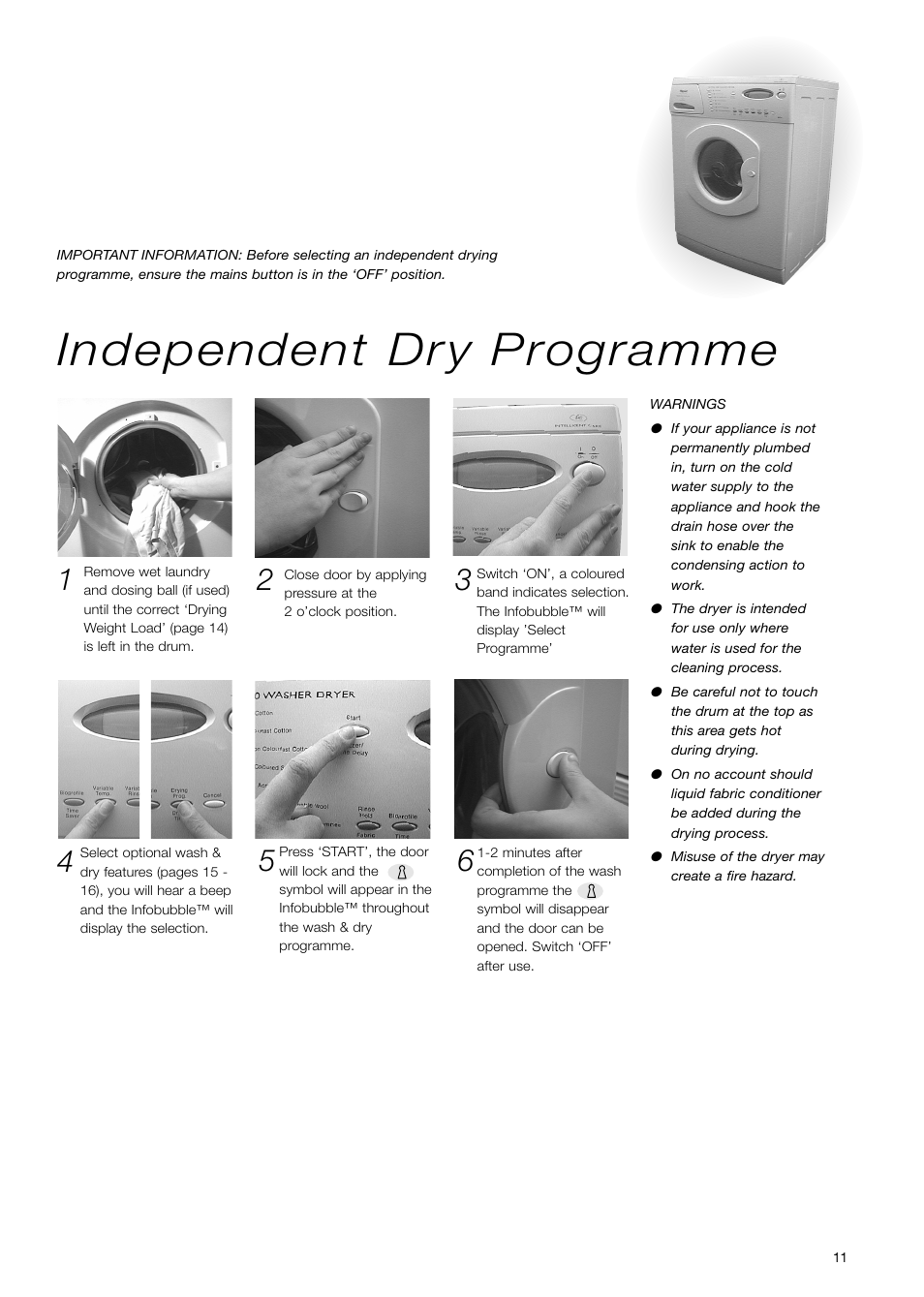 Independent dry programme | Hotpoint WD71 User Manual | Page 11 / 24