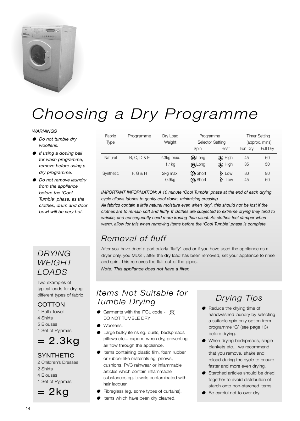 Choosing a dry programme, Removal of fluff, Drying weight loads | Items not suitable for tumble drying, Drying tips | Hotpoint WD71 User Manual | Page 14 / 24