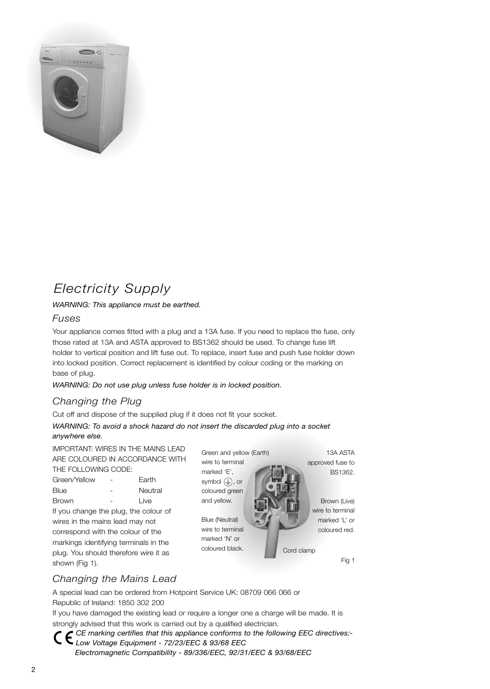 Electricity supply, Fuses, Changing the plug | Changing the mains lead | Hotpoint WD71 User Manual | Page 2 / 24