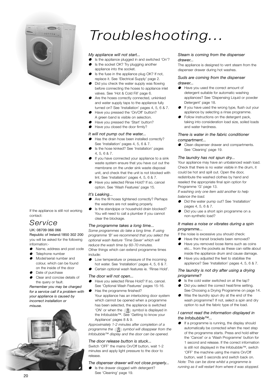 Troubleshooting, Service | Hotpoint WD71 User Manual | Page 20 / 24